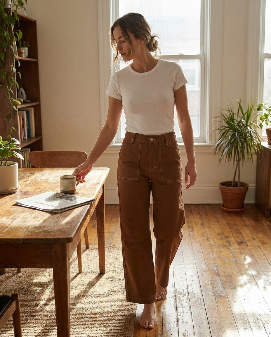 Side view of brown high-rise Palazzo jeans showing the wide leg line.