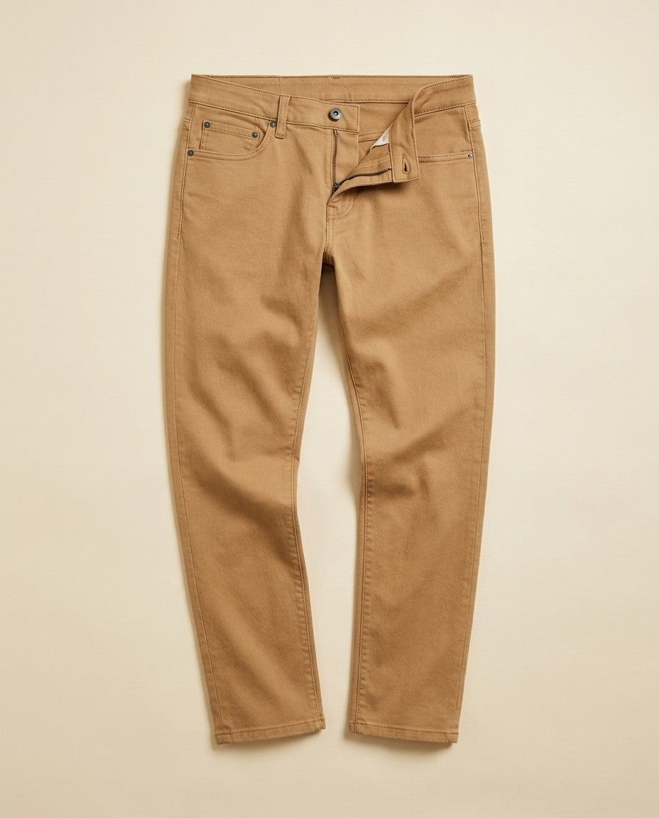 Close-up of wheat stretch denim showing stitching, gold leaf button and YKK zipper fly.