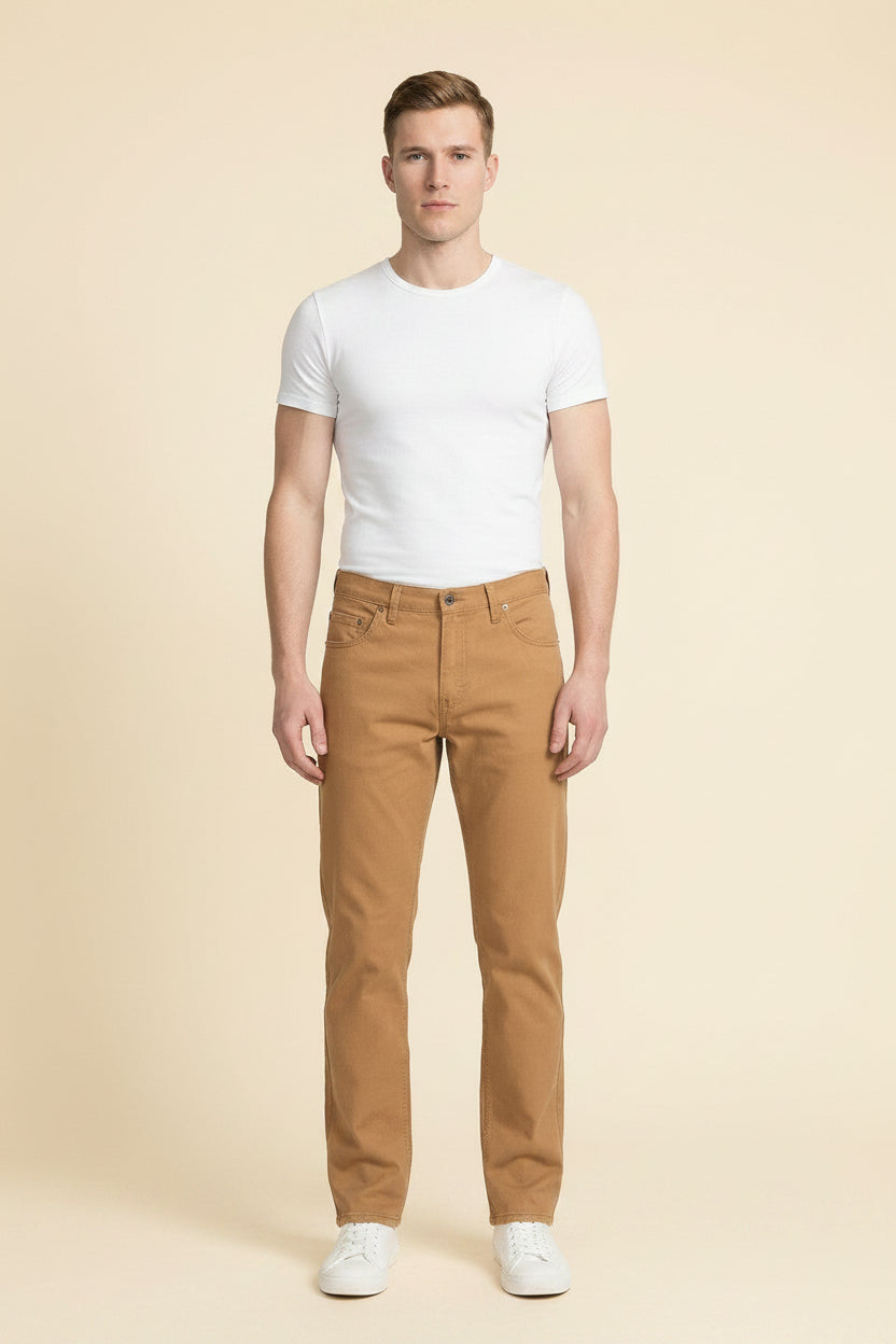 Tailored Fit jeans in wheat wash, front view, showing medium rise and tapered leg.
