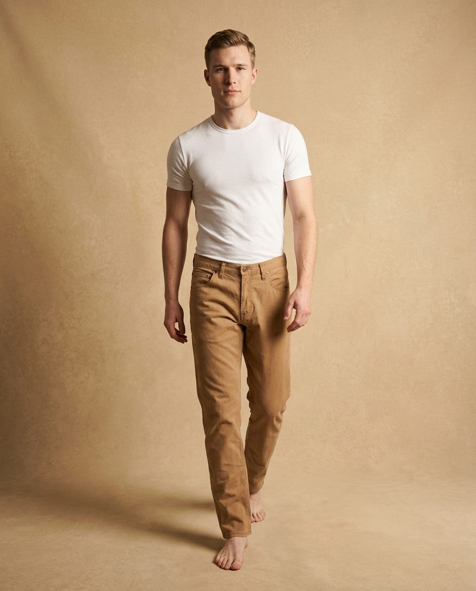 Man wearing Tailored Fit wheat jeans, side view showing sleek thigh and tapered below the knee.