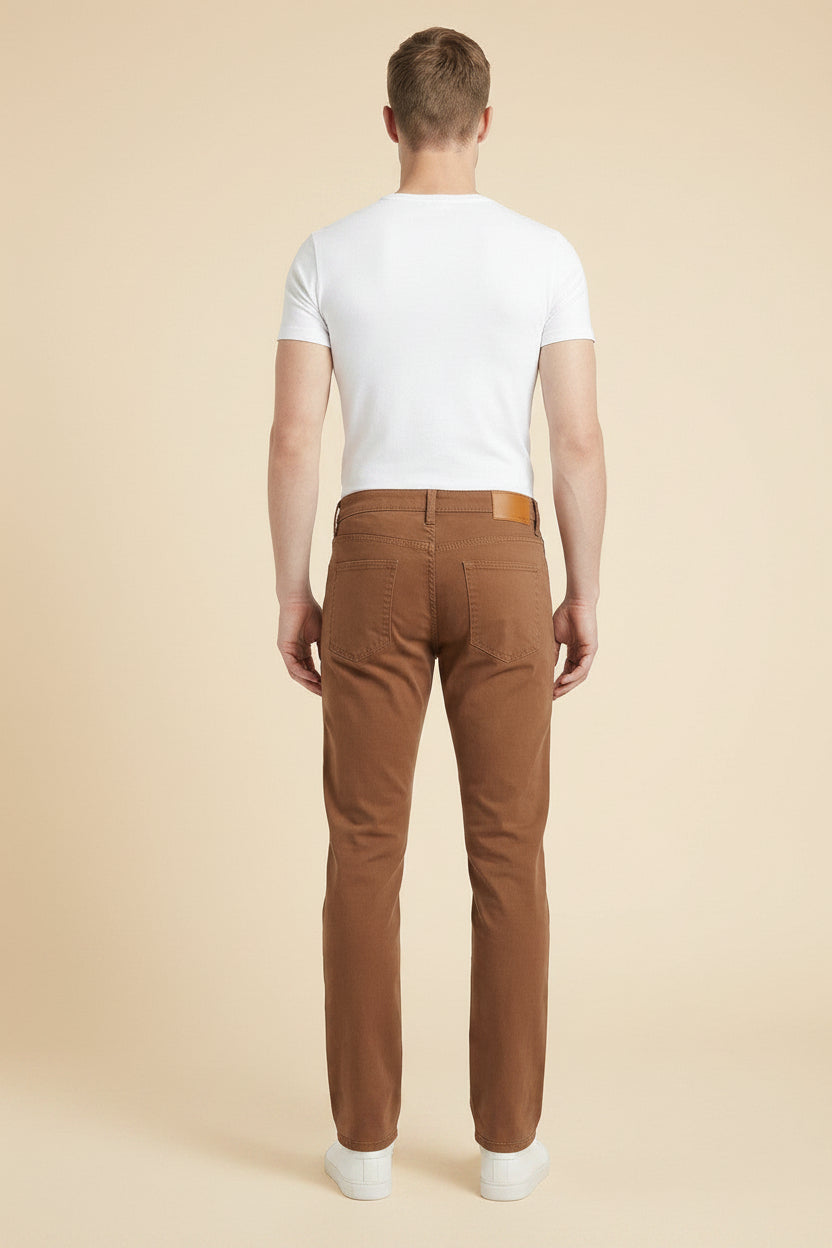 Back view of the Sequoia wash jeans showing back pockets and the Horween leather patch at the waistband.