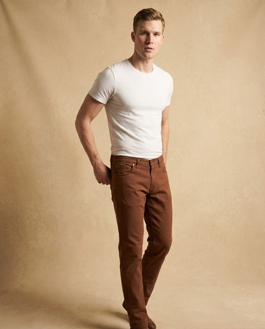 Front view of Tailored Fit men's jeans in the Sequoia wash, medium rise with a tapered leg.