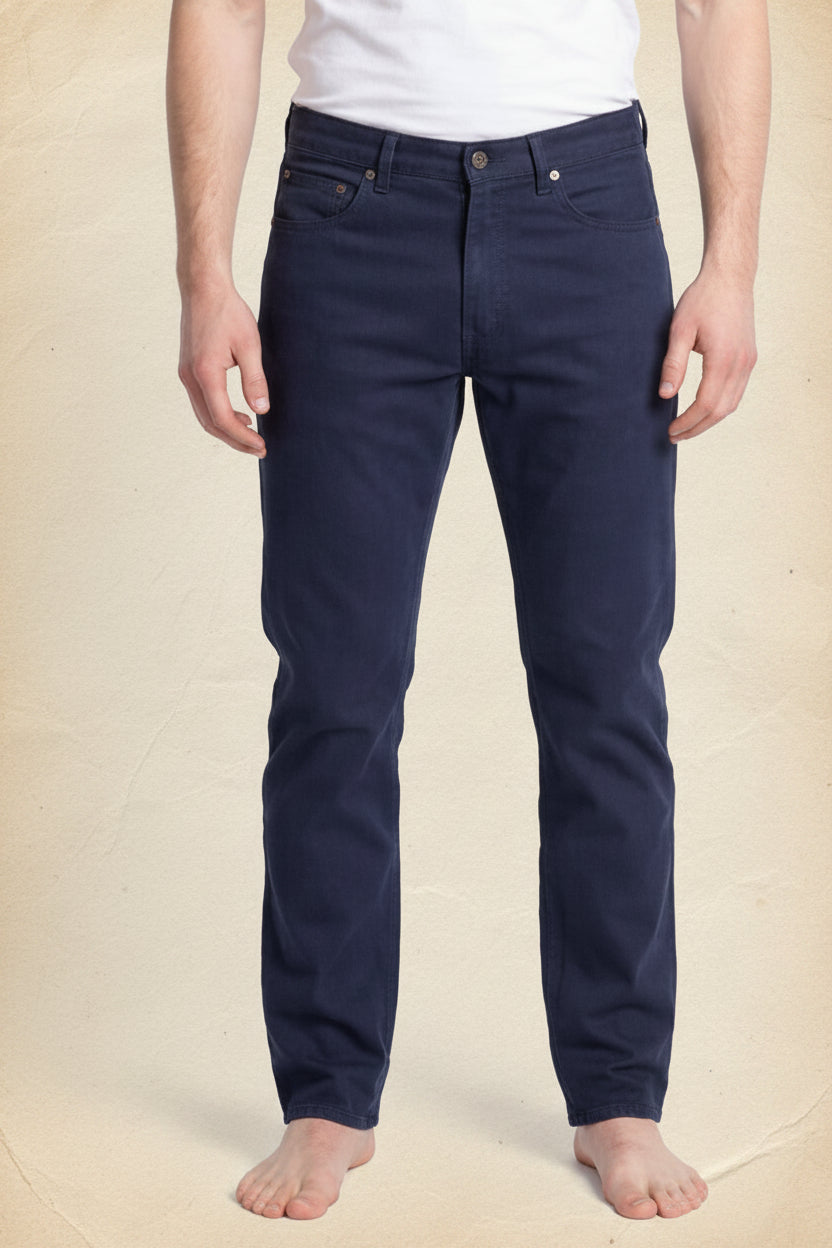 Dearborn Denim Tailored Fit jeans in Blue Norther wash, front view showing medium rise and tapered leg.