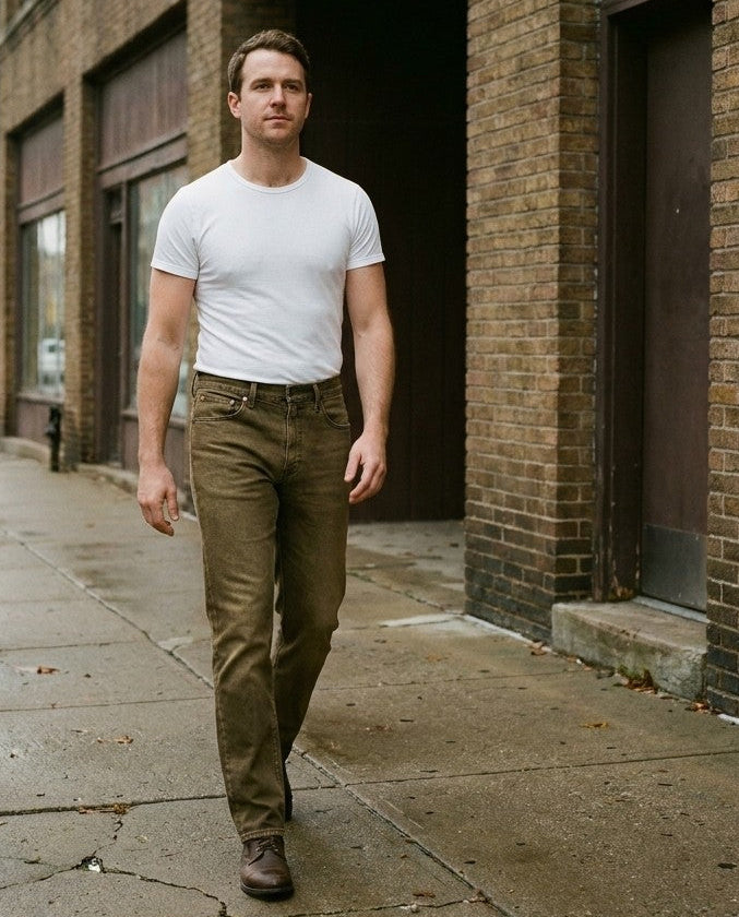 Detail of front pocket, YKK zipper fly and belt loops on Mica wash Tailored Fit jeans.