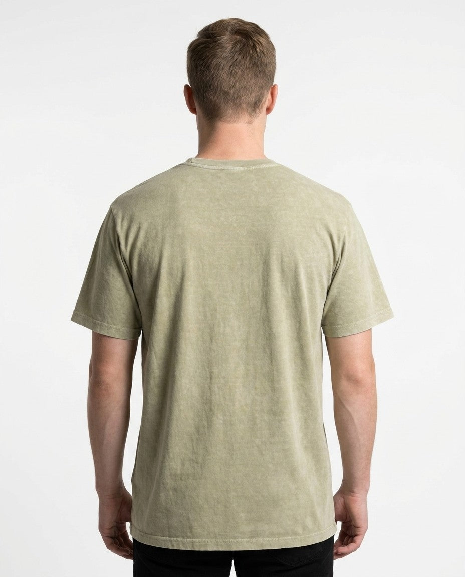 Close-up of the fine gauge interlock knit fabric and triple stitched collar.