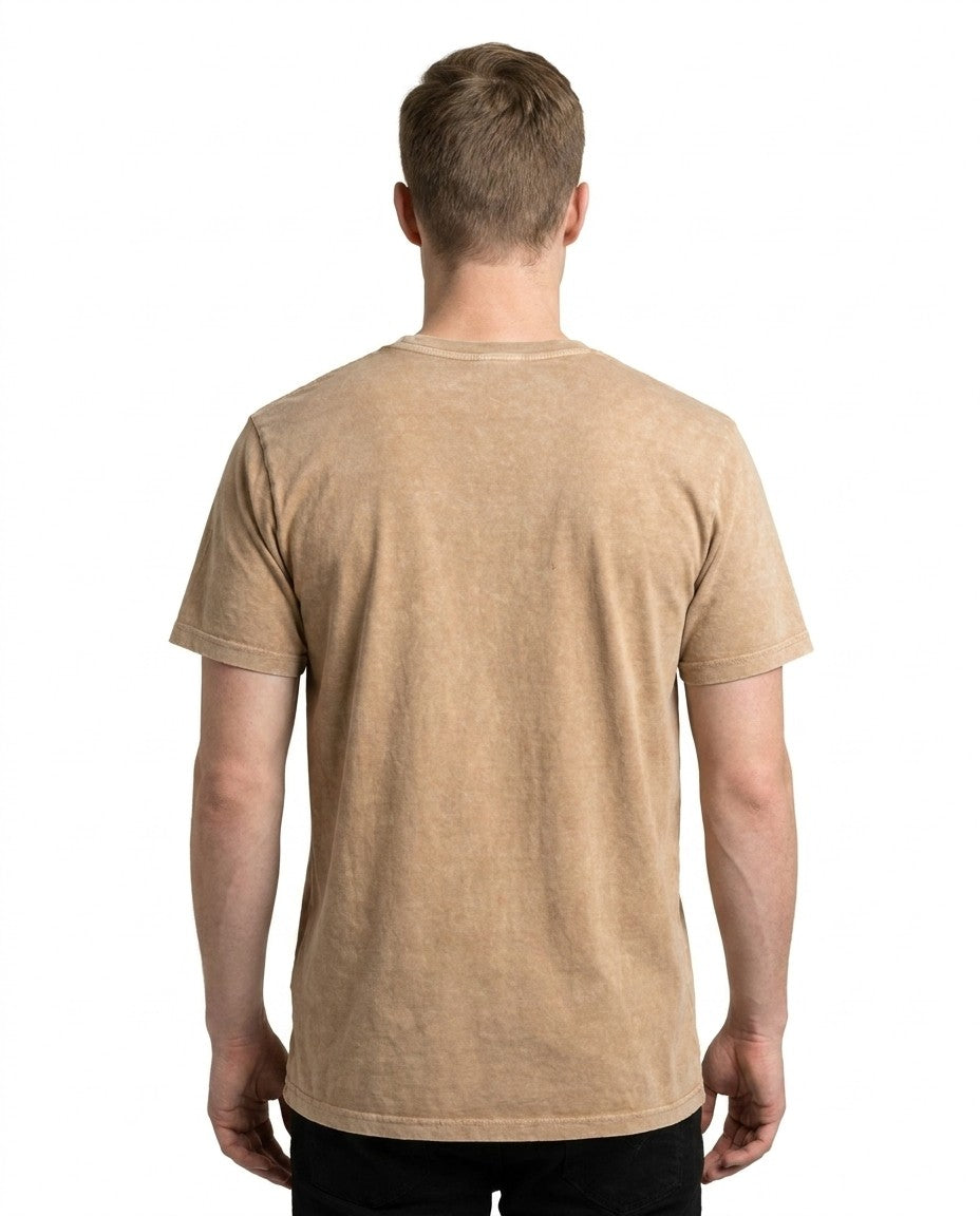 Close-up of the fine gauge interlock knit fabric on the fawn t-shirt.