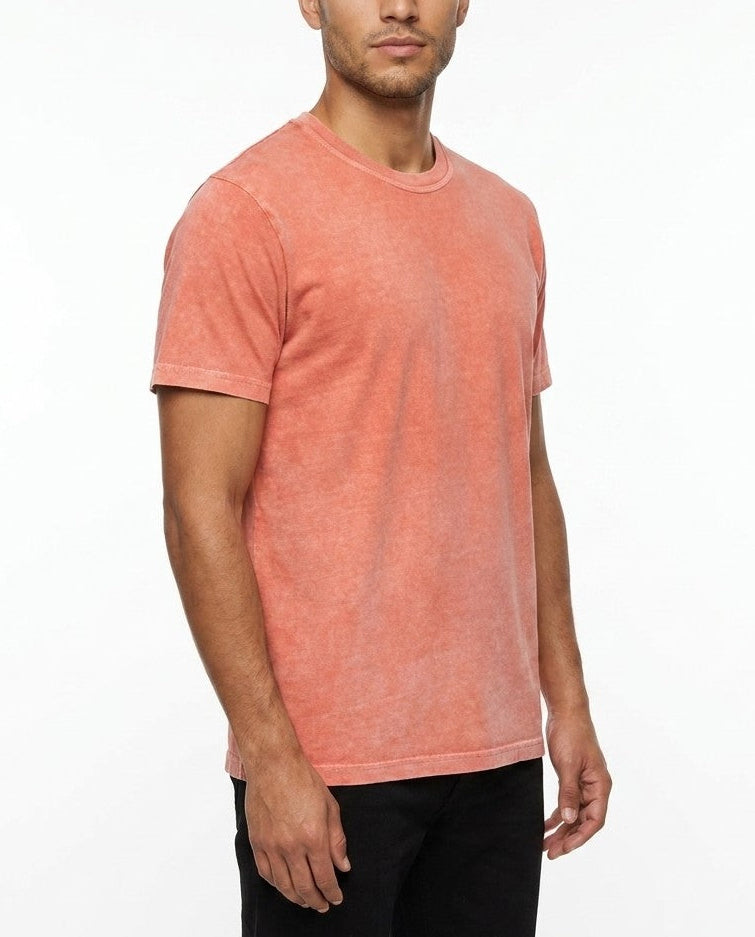 Madder root red cotton t-shirt laid flat, showing the crew collar and mid bicep sleeves.