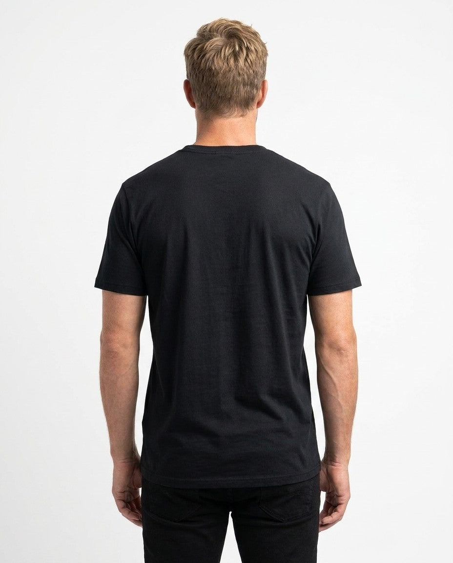 Close-up of the triple stitched collar on the black t-shirt.