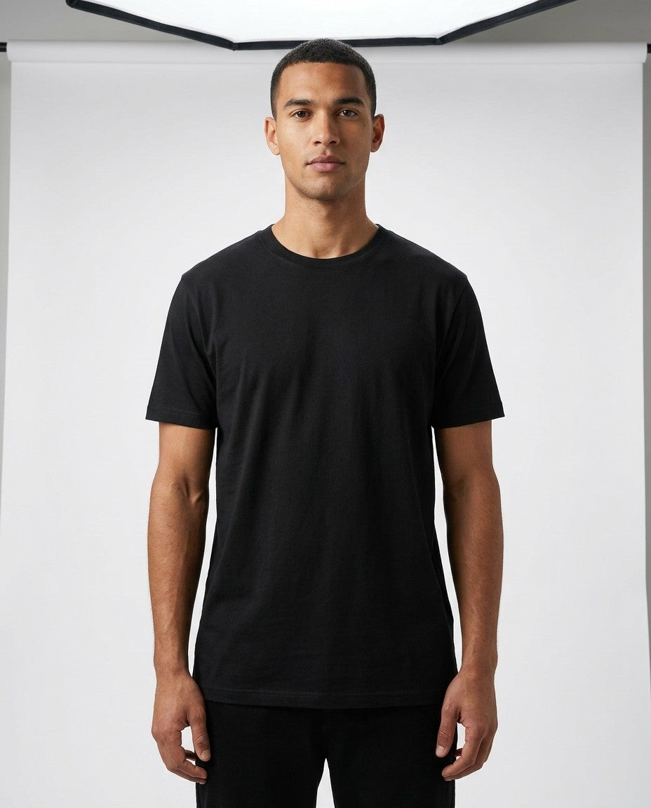 Back view of the black Supima cotton t-shirt laid flat.