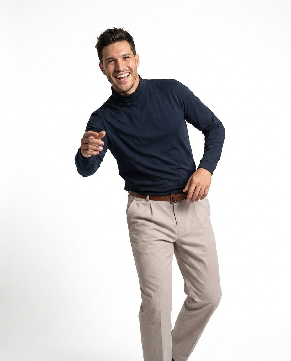 Side view of the Supima cotton turtleneck showing the fitted sleeve.