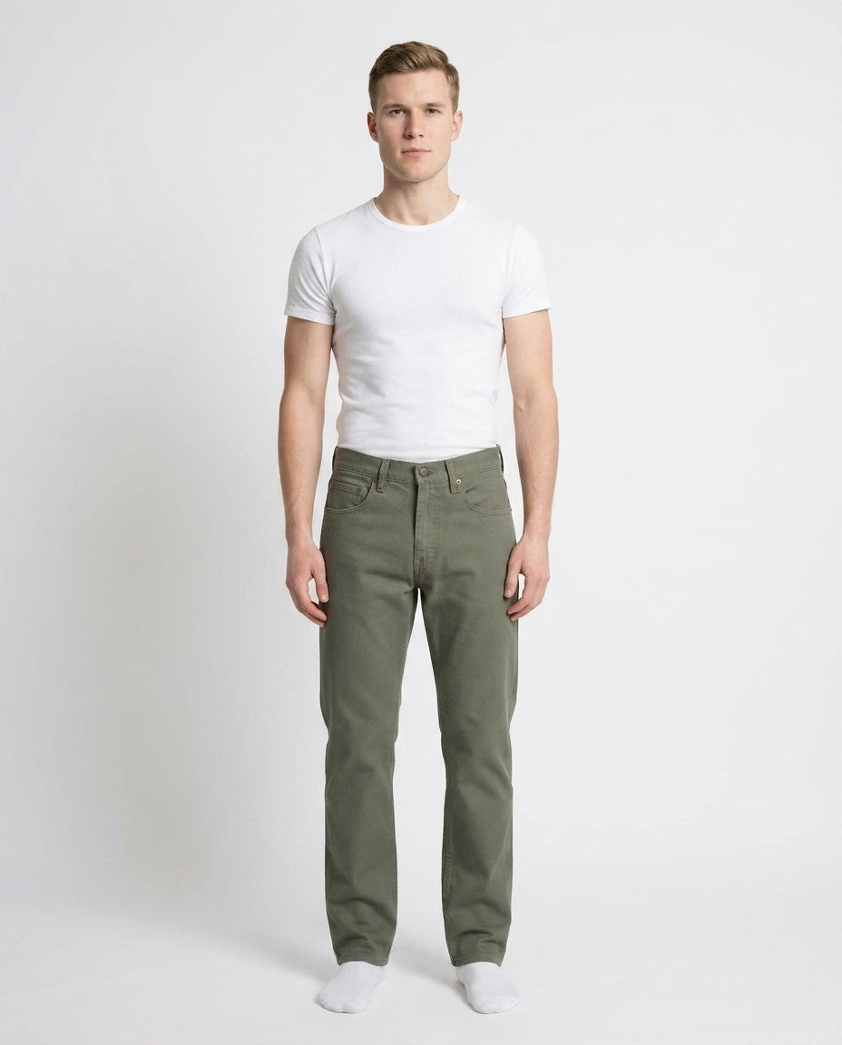 Back view of the Scout wash jeans showing back pockets and the Horween leather patch at the waistband.
