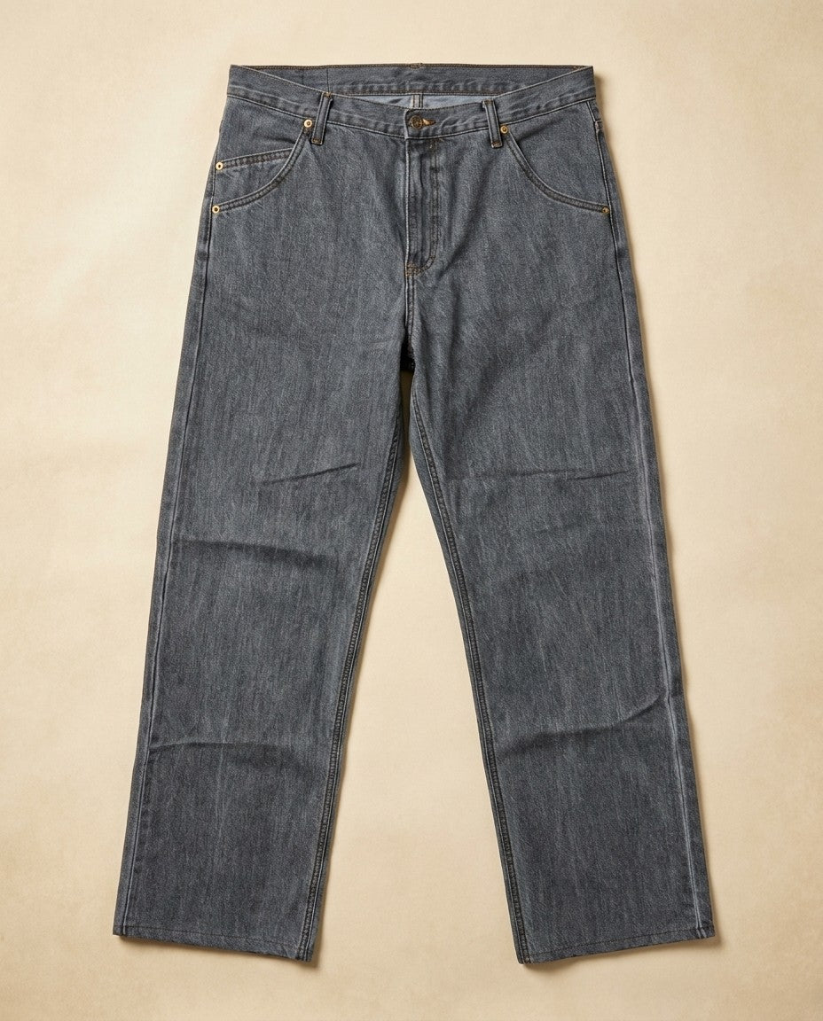 Gray Straight 19 jeans shown flat from the front with five-pocket styling and button fly closure.