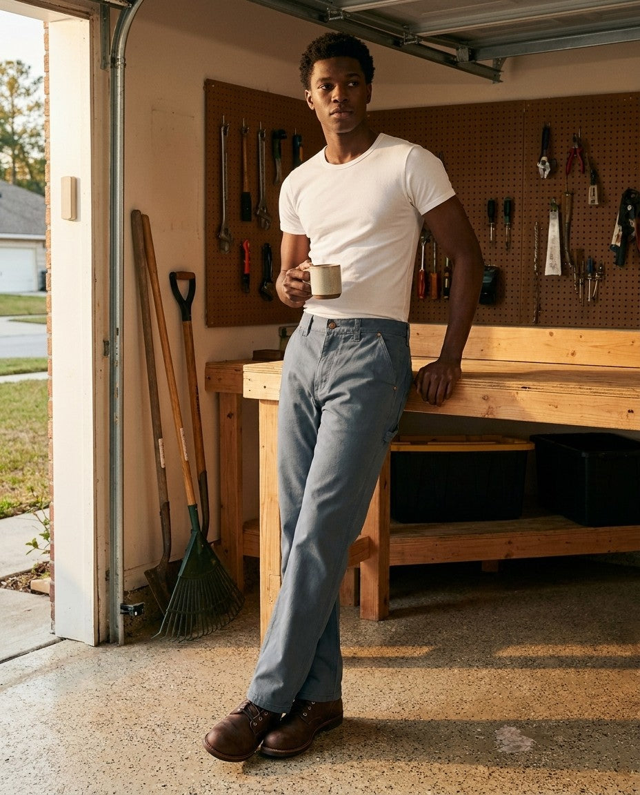 Man wearing Straight 19 jeans in Shale, side view showing fit through the seat and thigh
