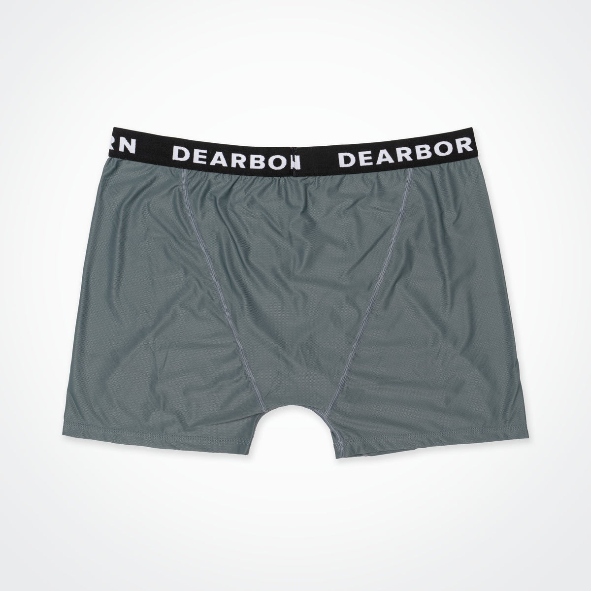 Close-up of the extra thick jacquard knit waistband on gray performance boxer briefs.
