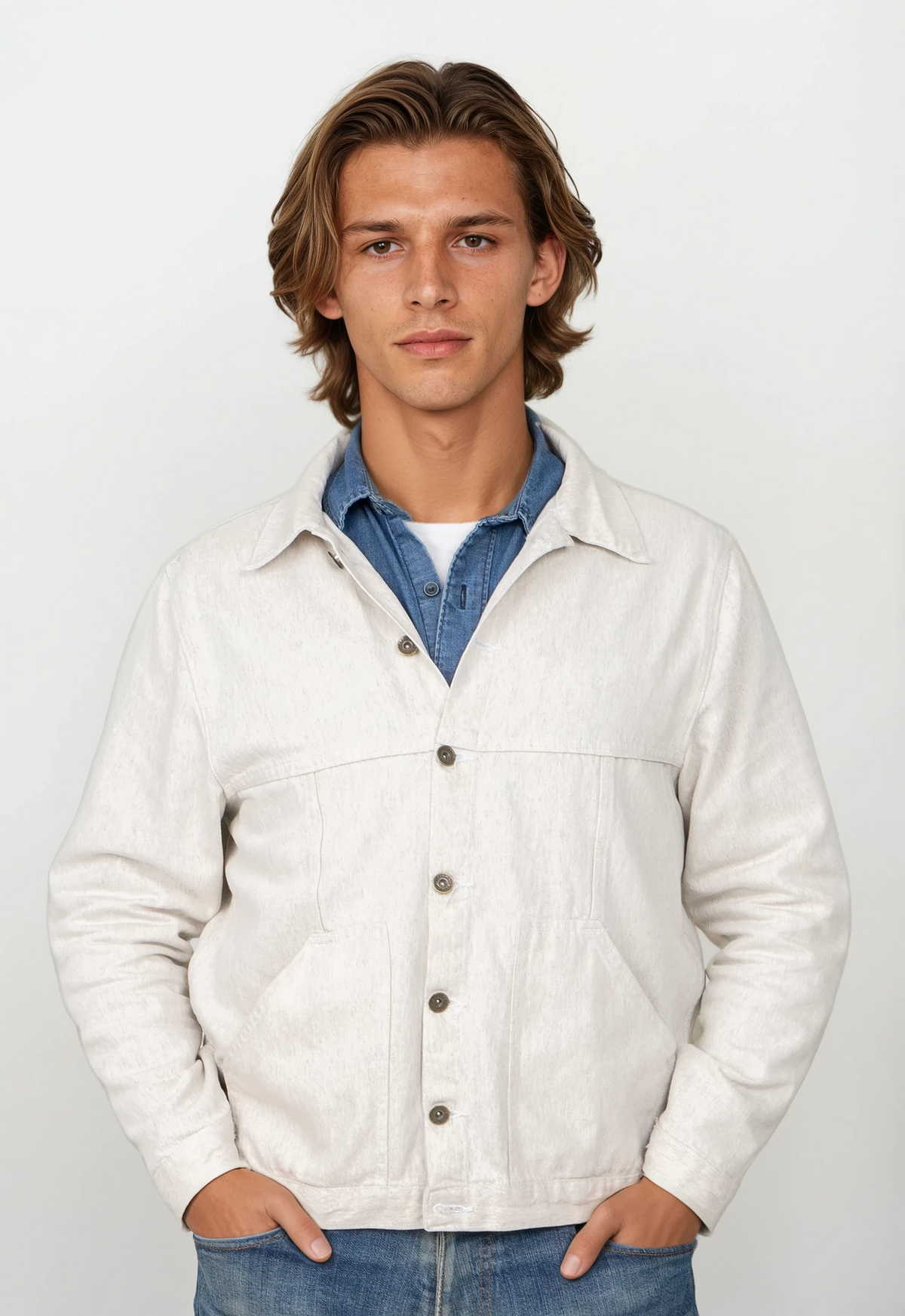 Back view of the waist-length hemp denim jacket showing the yoke and heathered natural fabric.