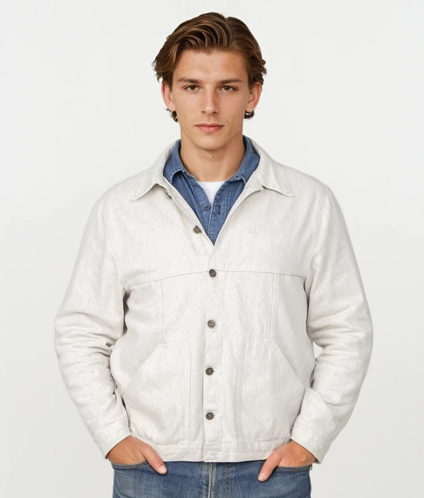 Close-up of the hemp blend denim fabric, buttons and pocket stitching on the jacket.