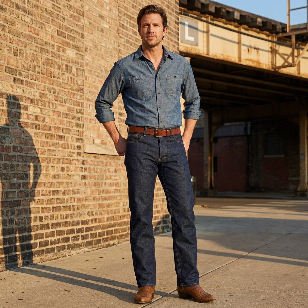 Long Ryder Model 2 indigo boot cut jeans, front view
