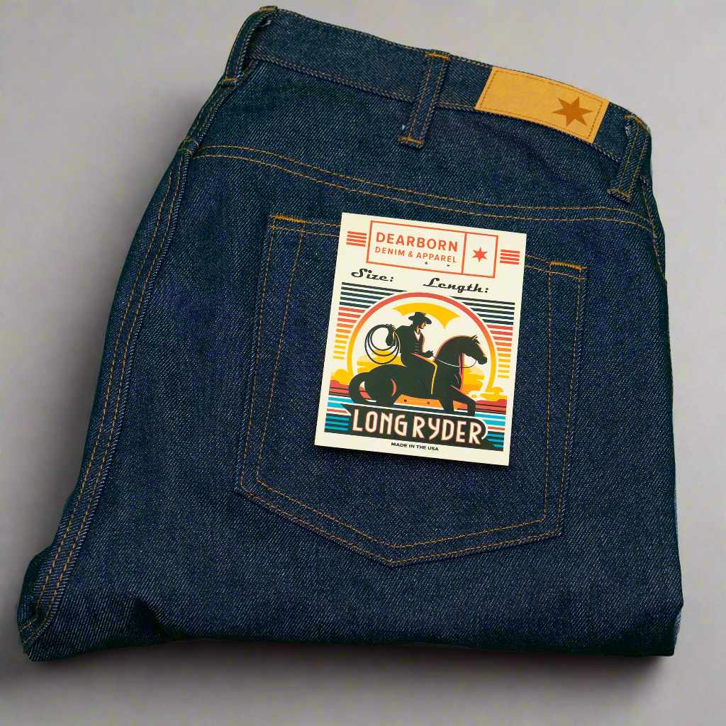 Side view of the Long Ryder Model 1 jeans showing the wide leg and hem.