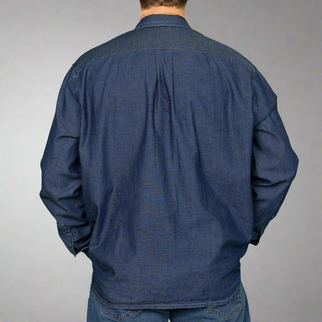 Back of the chambray shirt showing the center box pleat at the yoke