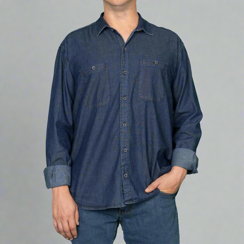 Close-up of the chambray fabric, Italian buttons and accent stitching