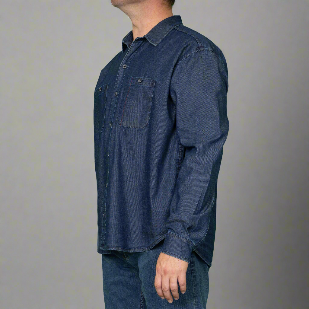Two-button cuff and sleeve detail on the chambray button up shirt