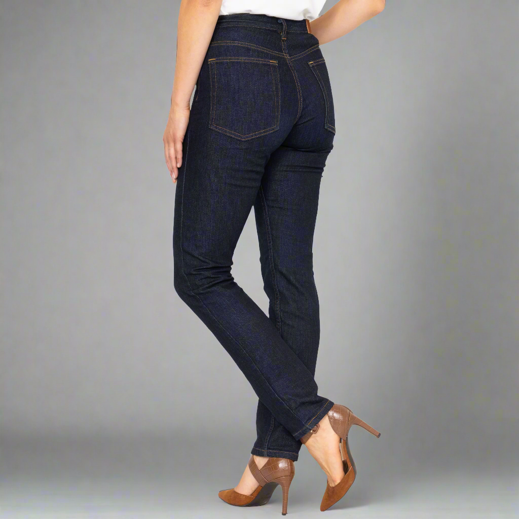 Detail of the 10.5oz dark indigo stretch denim fabric and stitching.