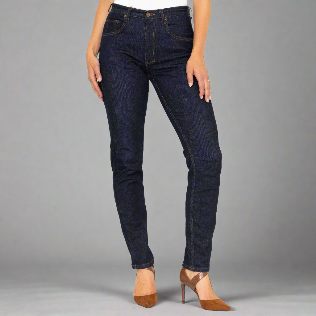 Side view of the dark indigo straight leg jeans showing fit through the hip and thigh.