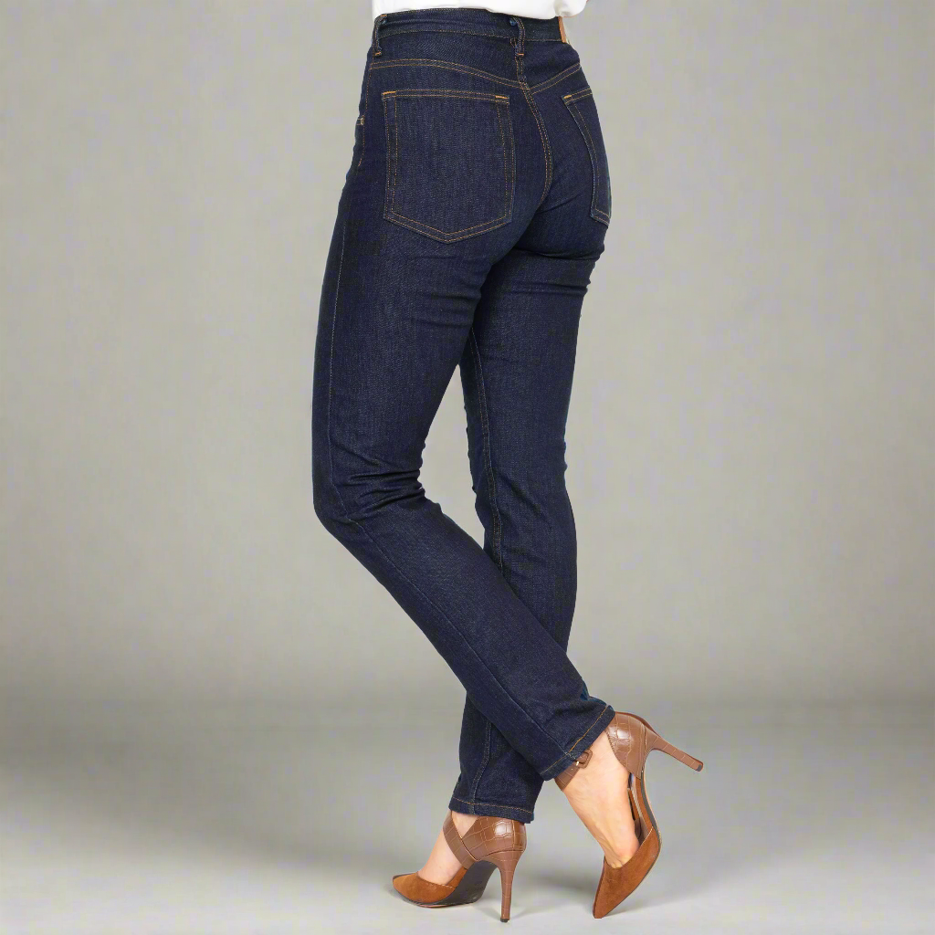 Back view of the dark wash straight leg jeans showing rear pockets and high rise waistband.