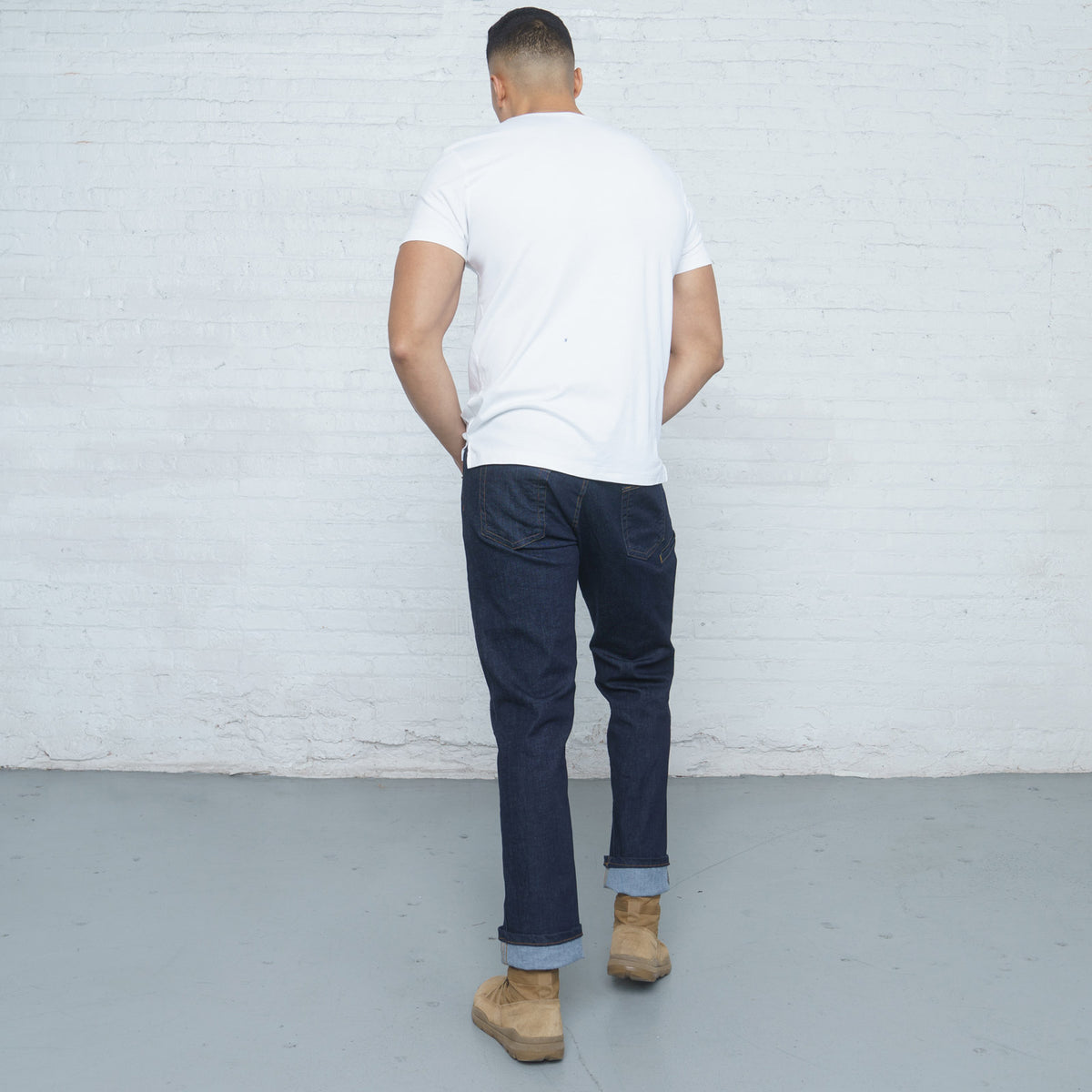 Horween leather patch on the back waistband of the jeans