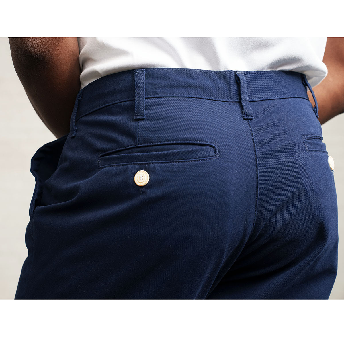 Close-up of the navy twill fabric and stitching.