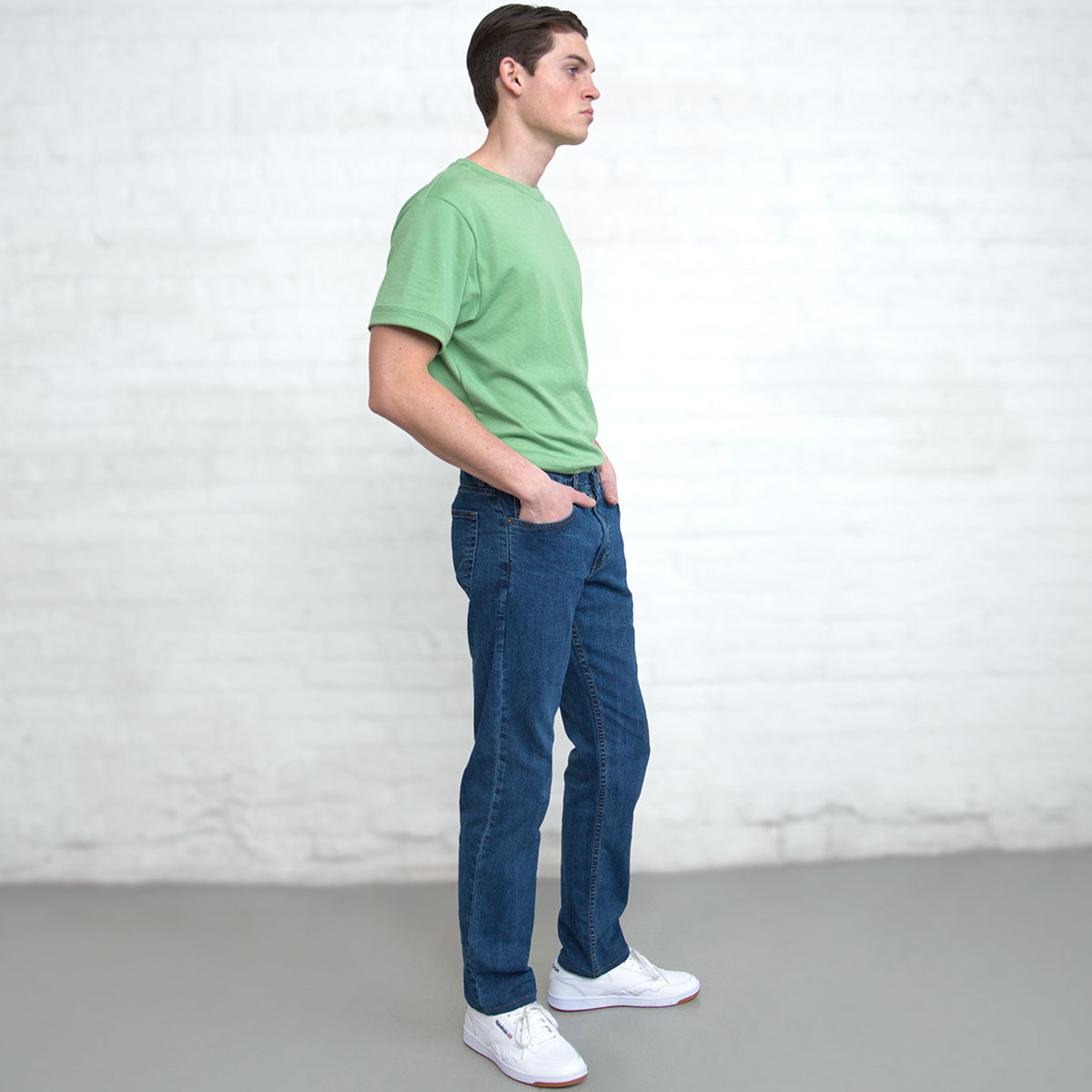 Model wearing the jade Classic Supima t-shirt