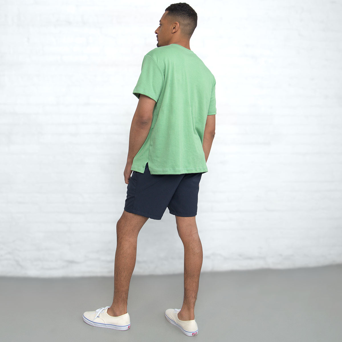 Back view of the jade Supima cotton t-shirt showing the crew neck collar