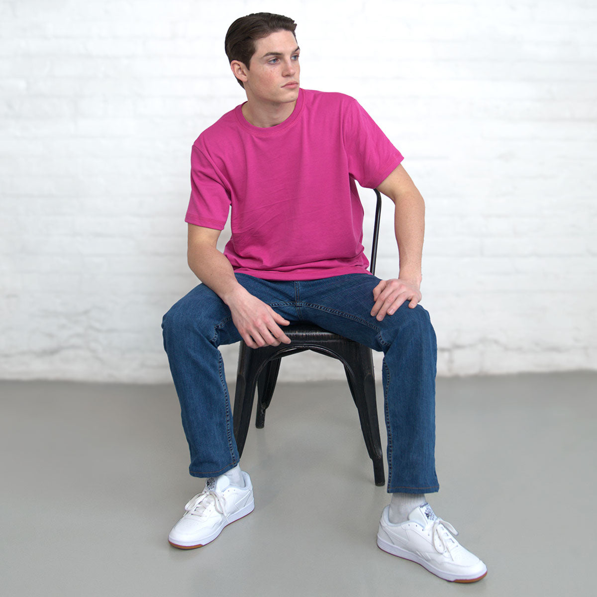 Magenta Classic Supima crew neck t-shirt laid flat, front view