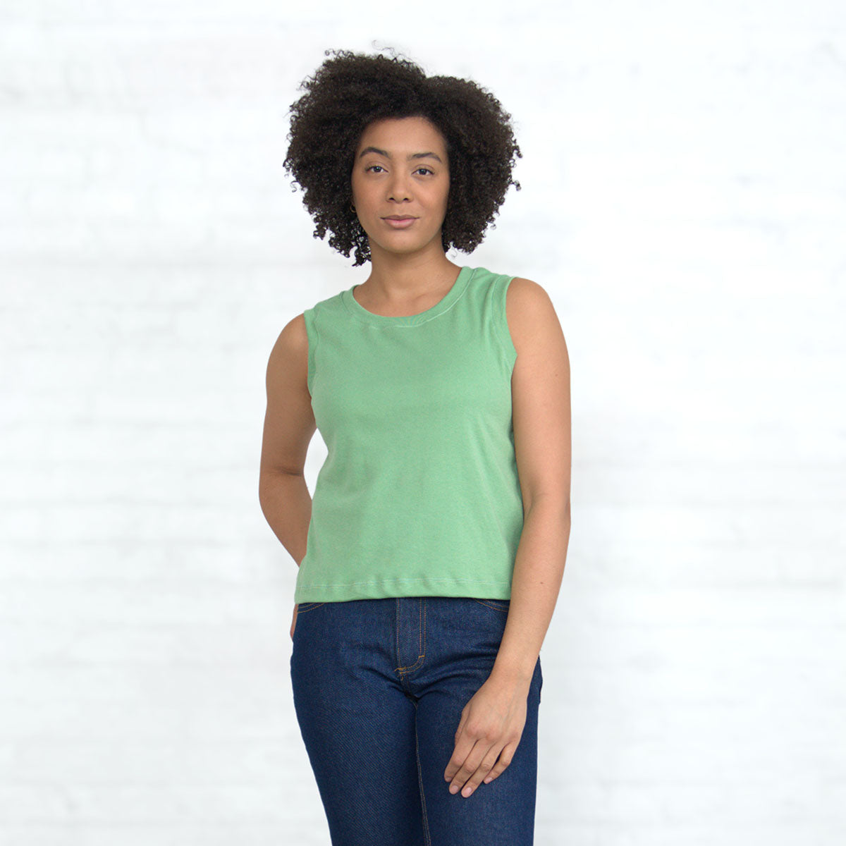 Jade green sleeveless crop tank in Supima cotton, front view