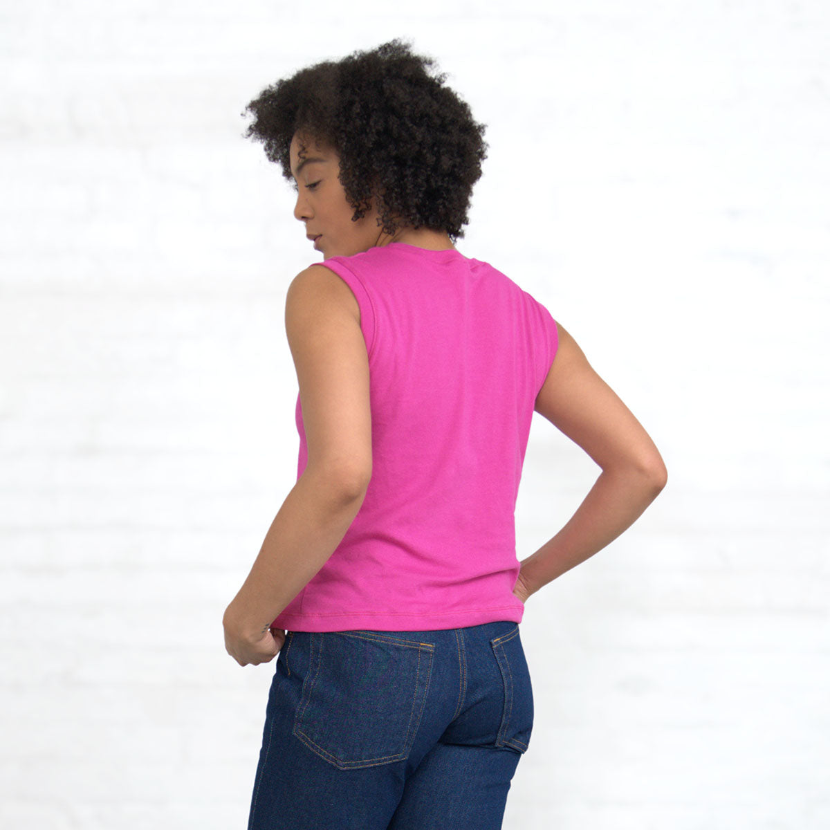 Close-up of the fine gauge interlock knit in magenta