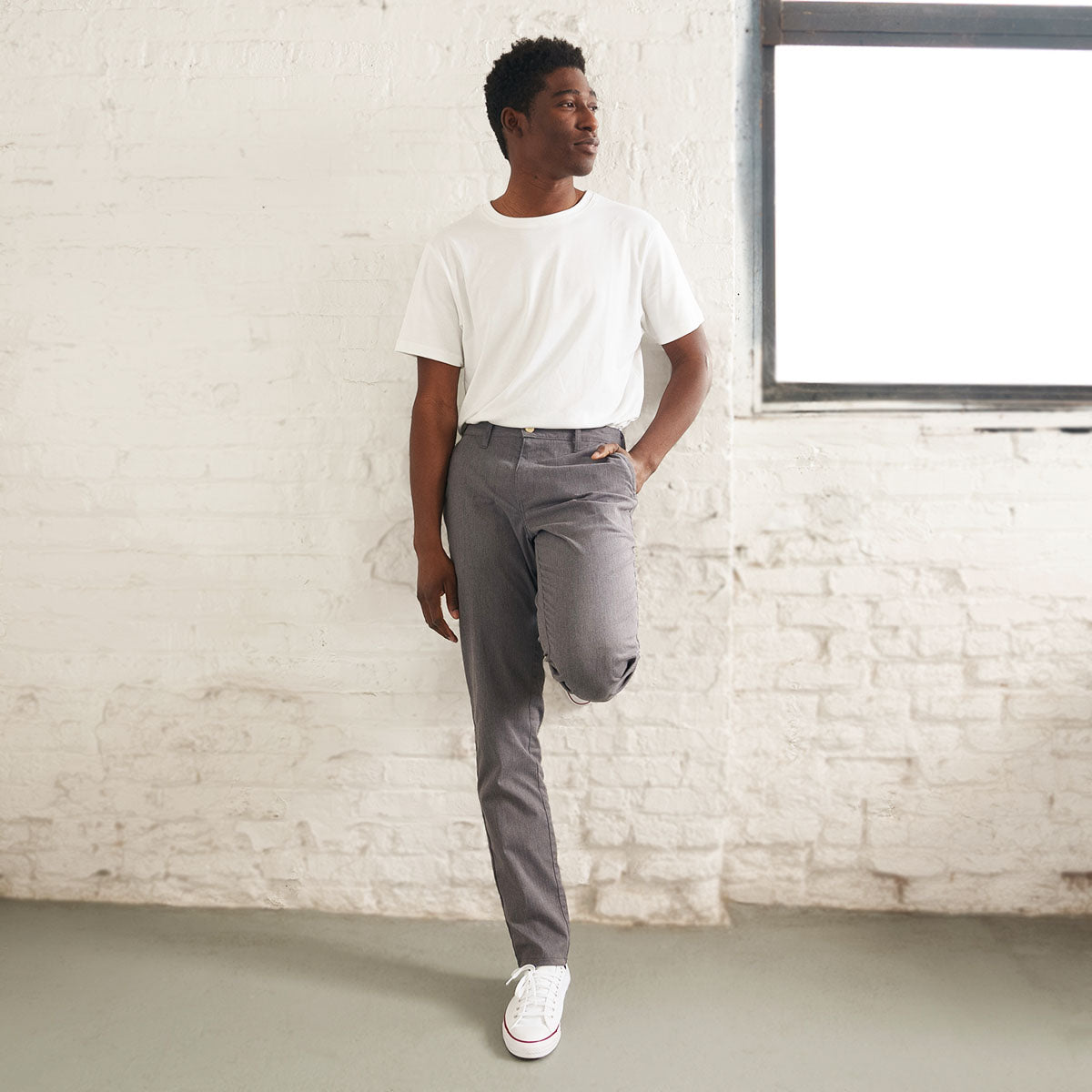 Grey stretch chino shown on a model from the front