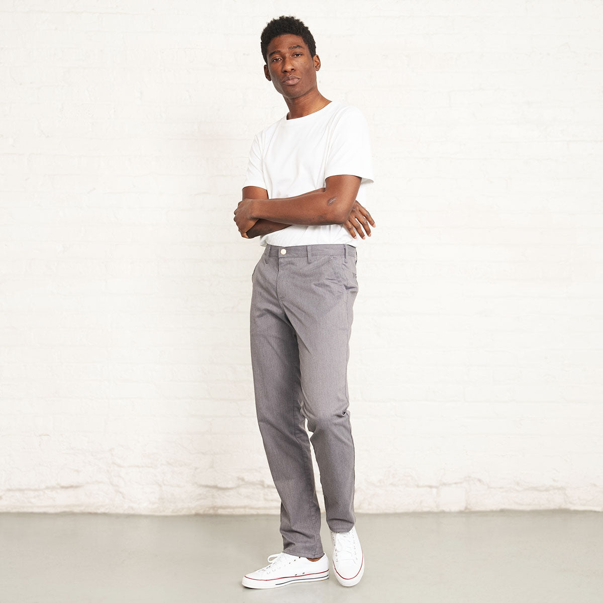 Close-up of the grey brushed stretch twill fabric
