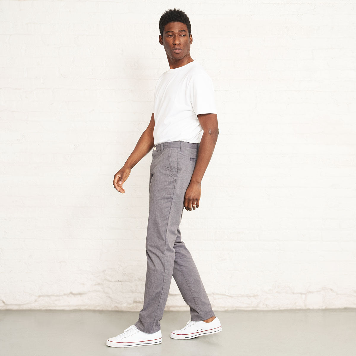 Tapered leg and 14.5 inch leg opening of the grey chino