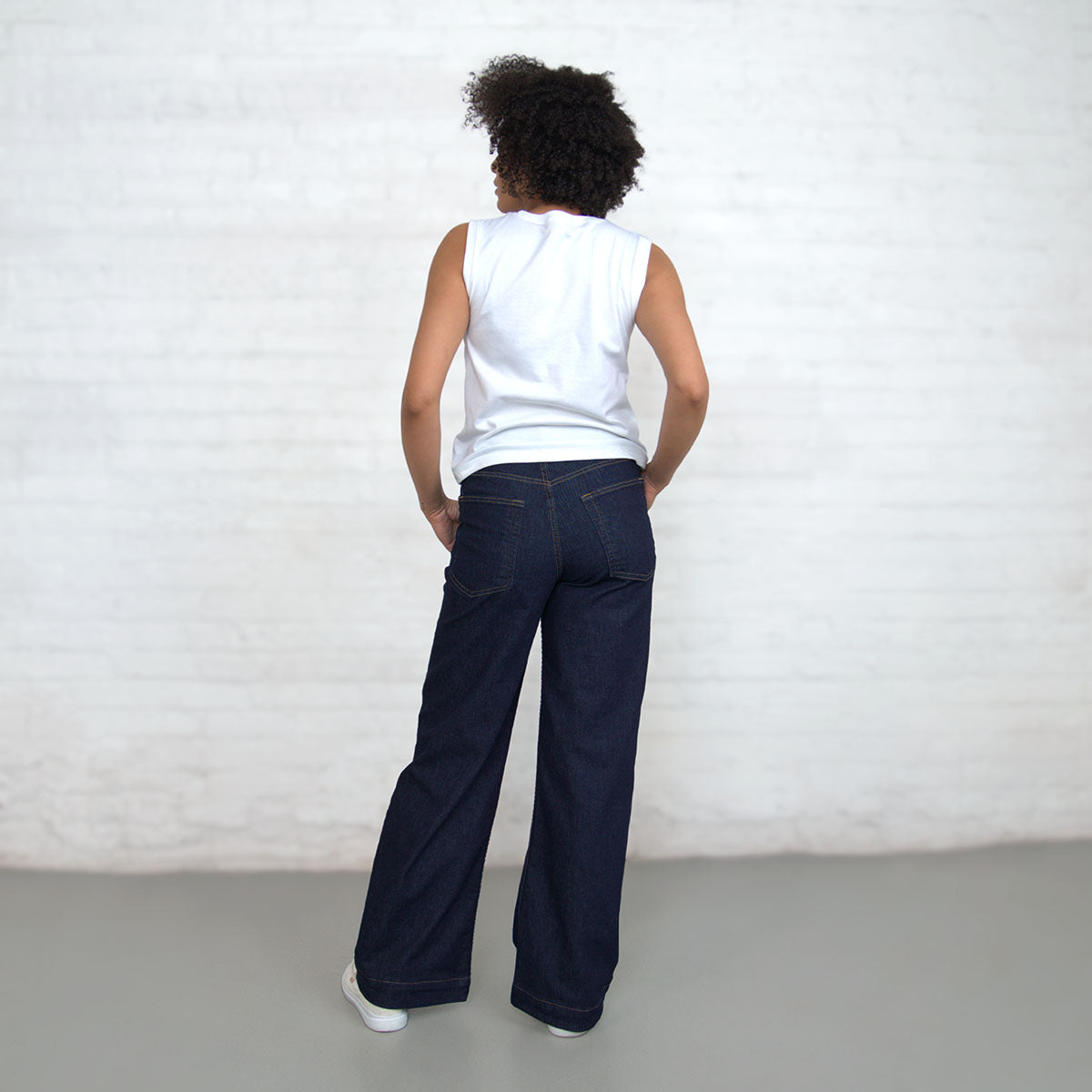 Waistband and belt loops on the high-rise Palazzo jeans