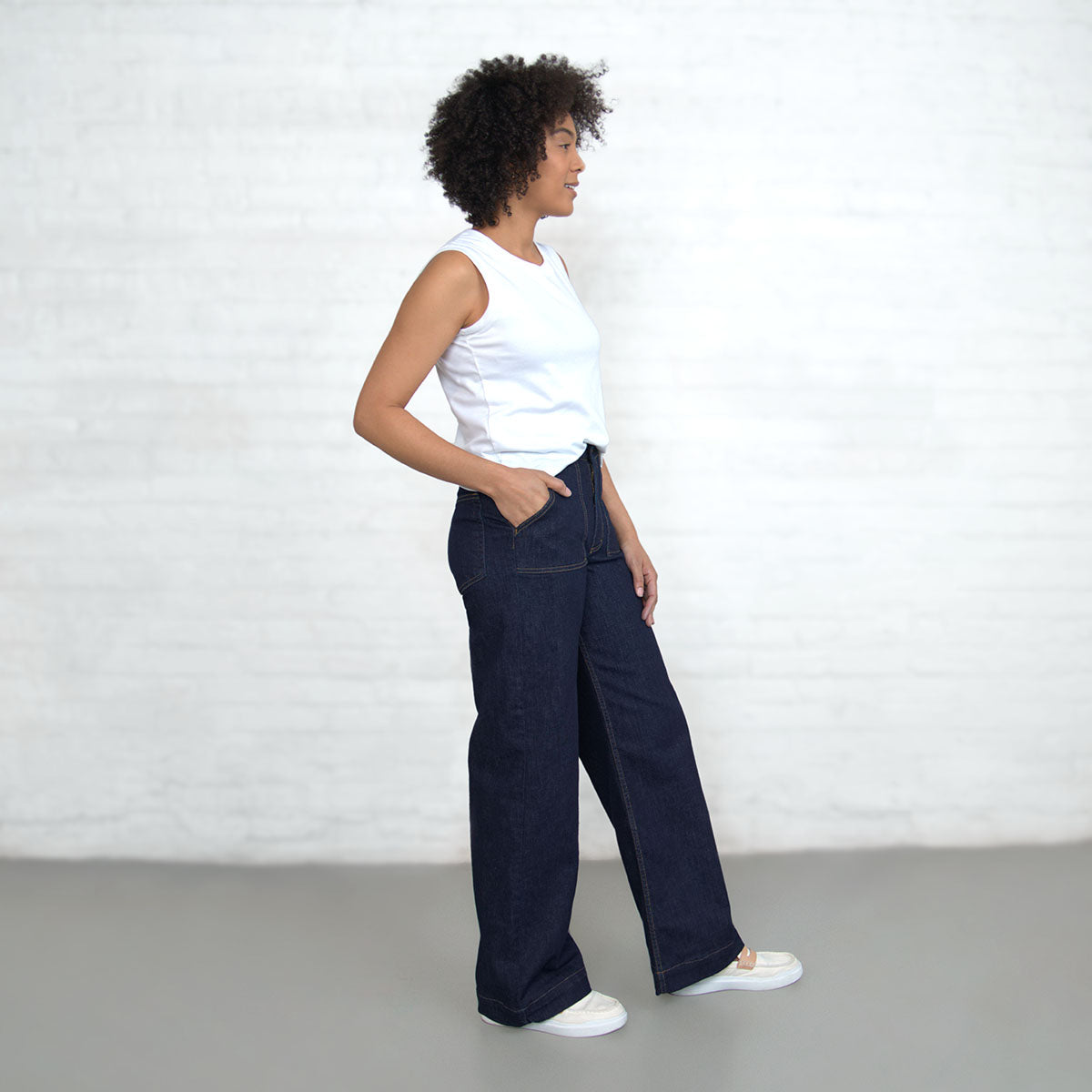 Horween leather patch at the back waistband of the Palazzo jeans
