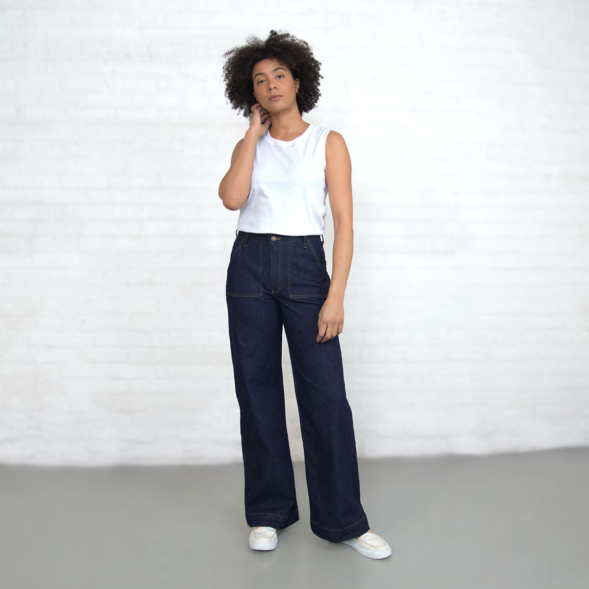 Full-length view of the wide leg opening and hem