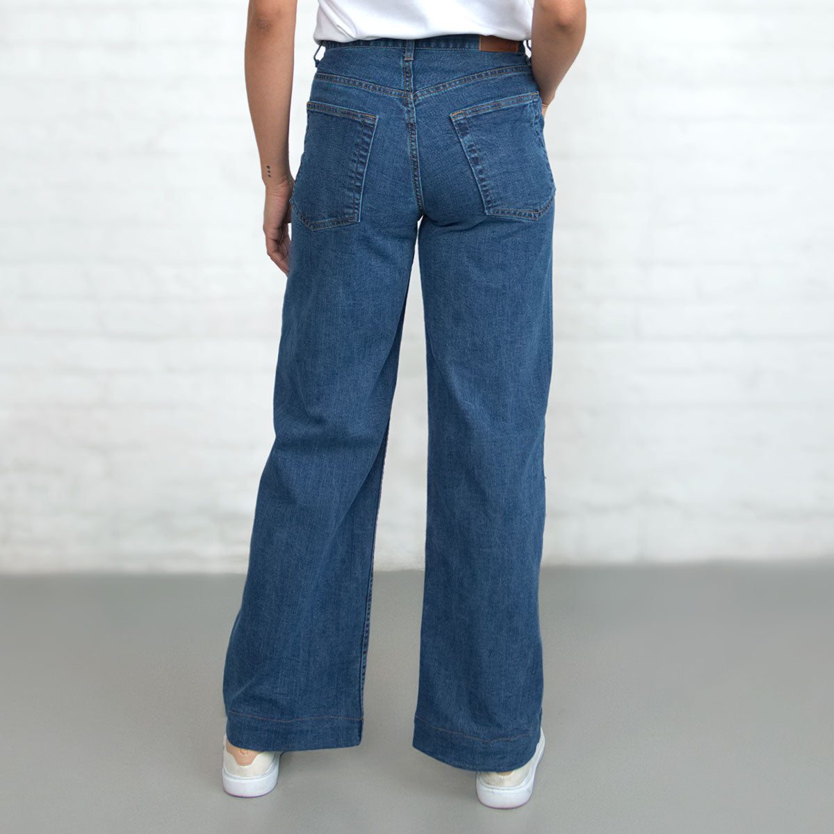 Close-up of the light wash tri-blend stretch denim fabric