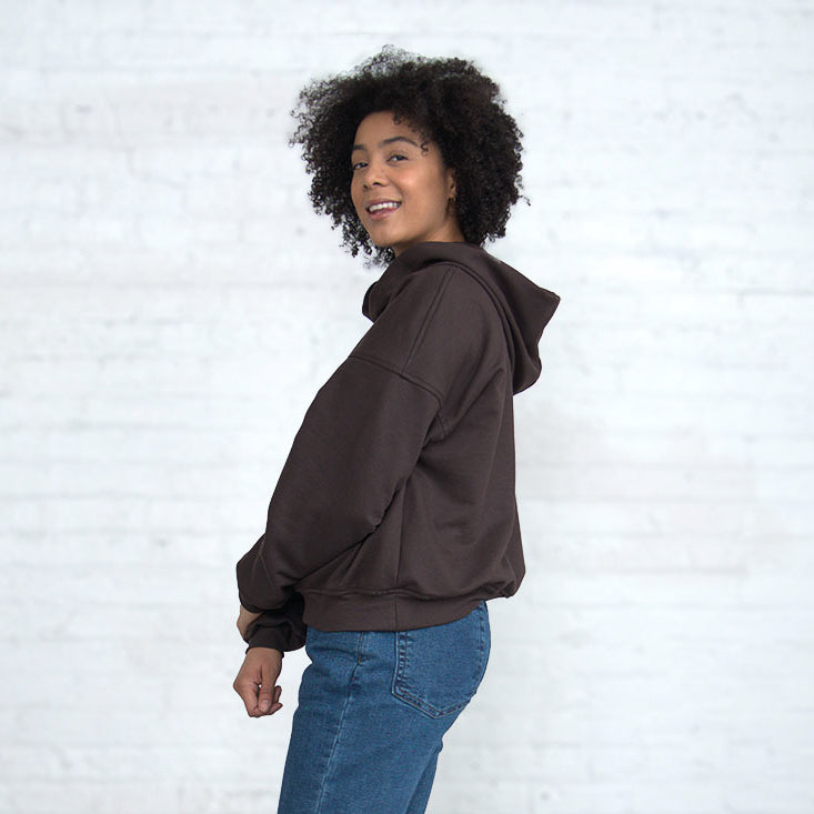 Close-up of the French terry fabric and cropped hem.