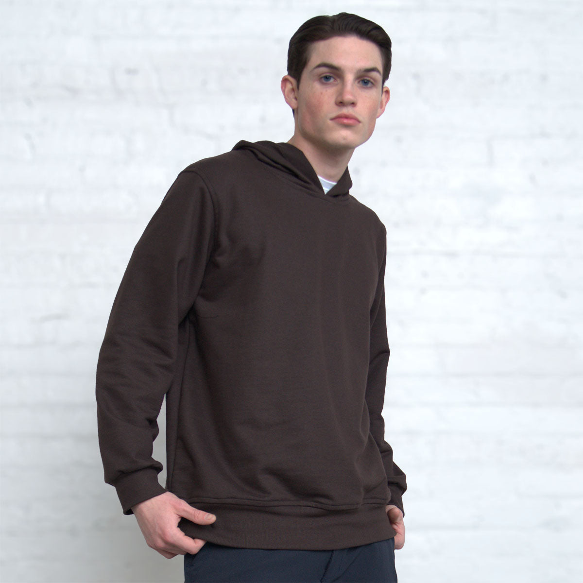 Spring Hoodie worn with the hood up
