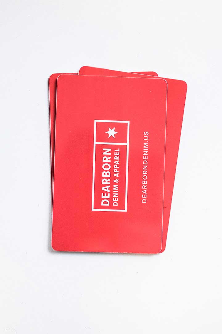 Front of a Dearborn Denim & Apparel gift card showing the logo