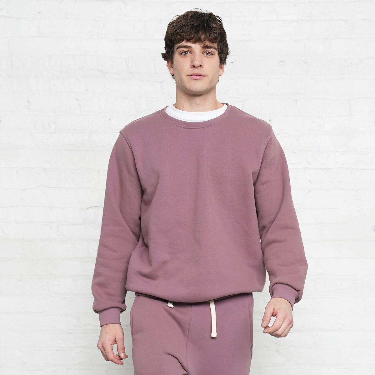 Rose taupe crew neck sweatshirt in three thread fleece, front view