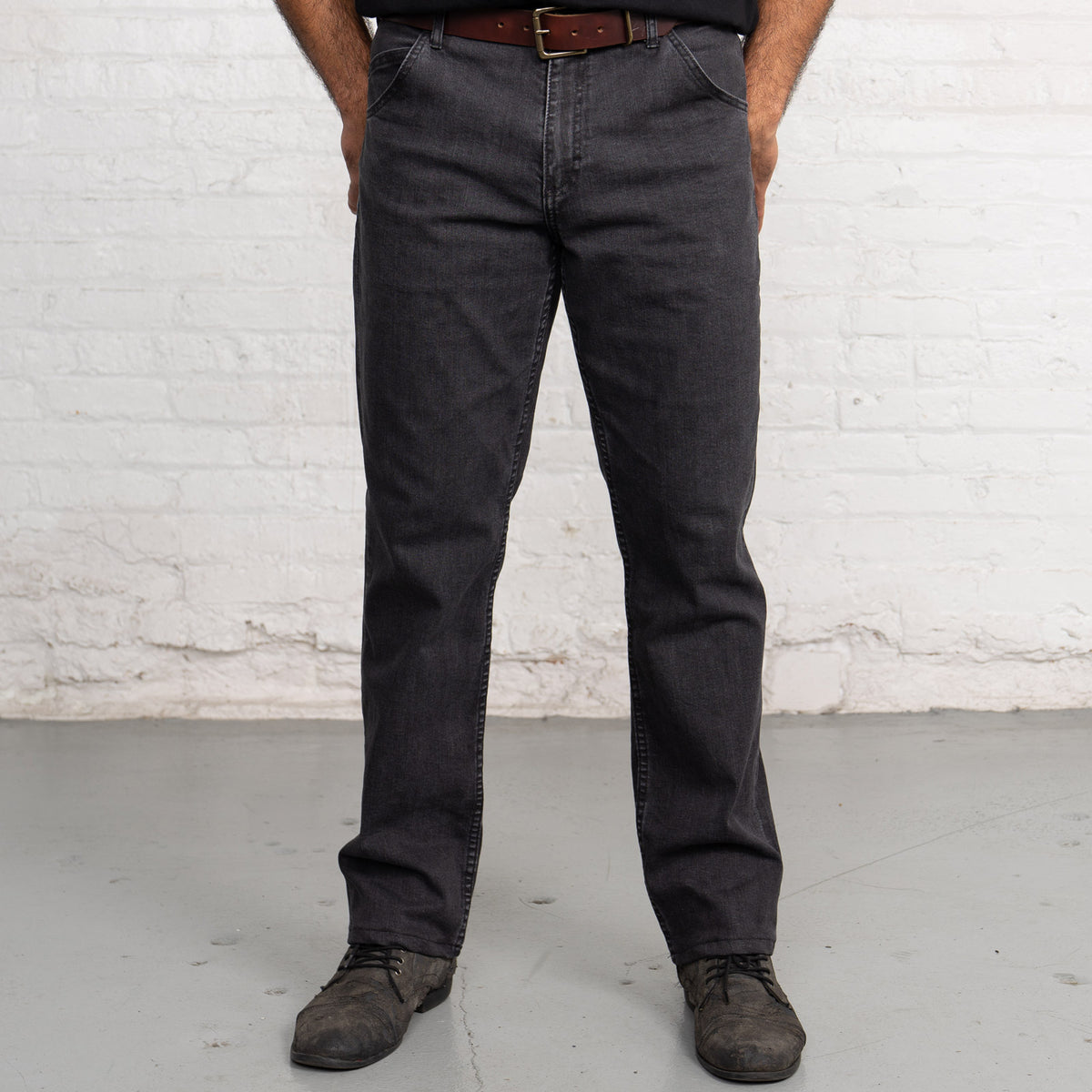 Relaxed fit grey wash jeans shown front view, full length