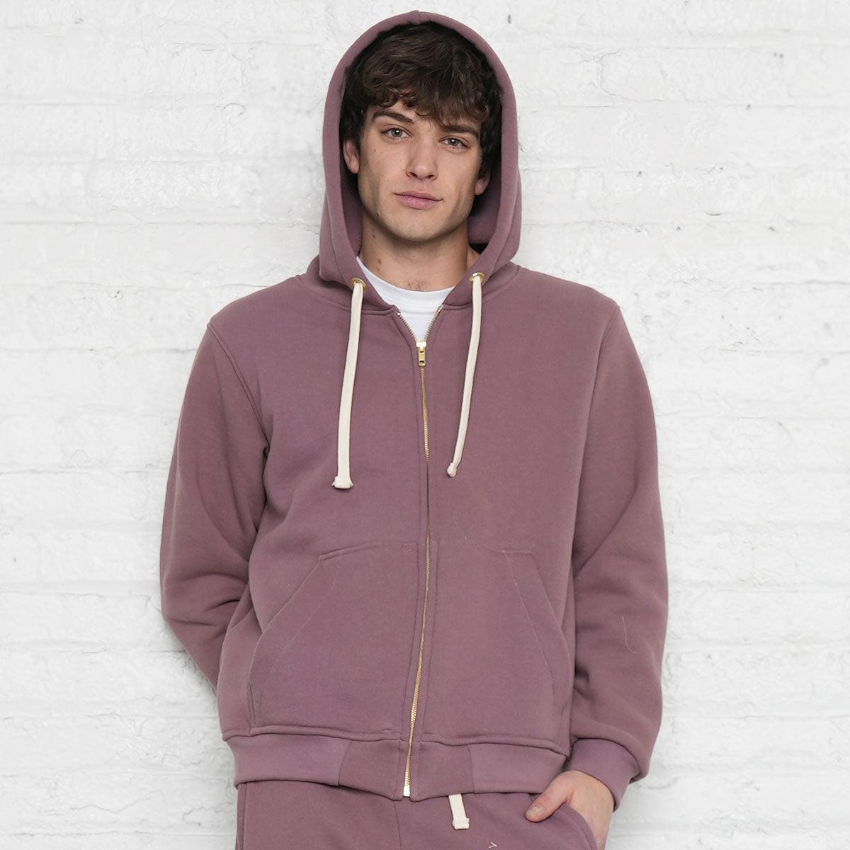 Rose taupe zip-up hoodie in 3 thread fleece, shown from the front with the zipper closed