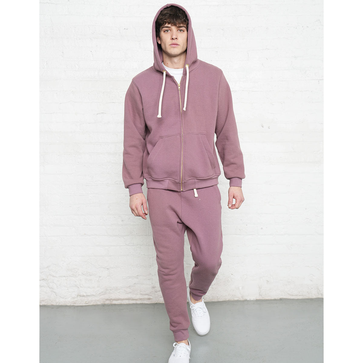 Back view of the rose taupe zip-up hoodie showing the hood and shoulder seams